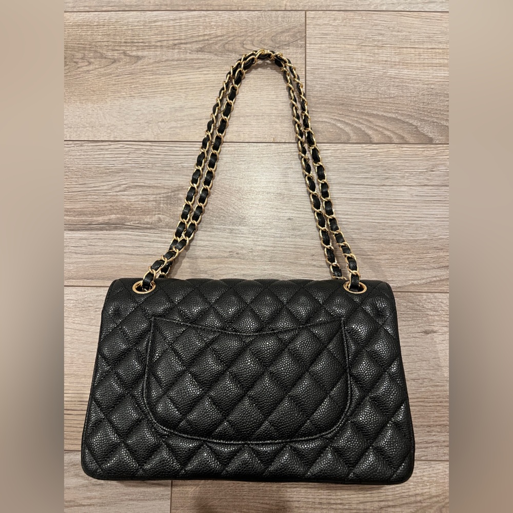 Black Caviar Leather Quilted Classic Flap Medium Shoulder Bag with Gold Accents - Picture 9 of 14